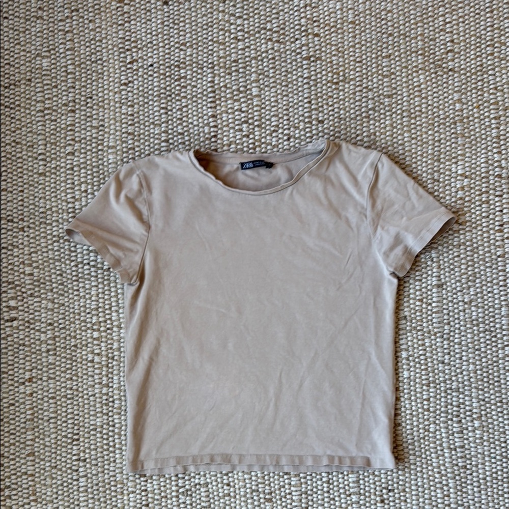 Zara Basic Neutral Crew Neck Tee - Beige M